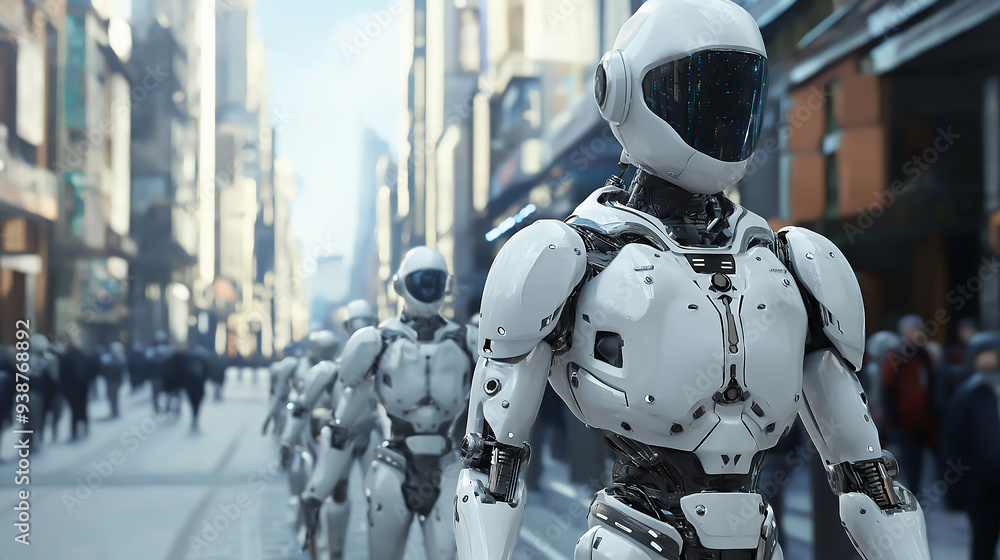 A sci-fi inspired metropolis with intelligent robots managing public services and security A sci-fi inspired metropolis with intelligent robots managing public services and security