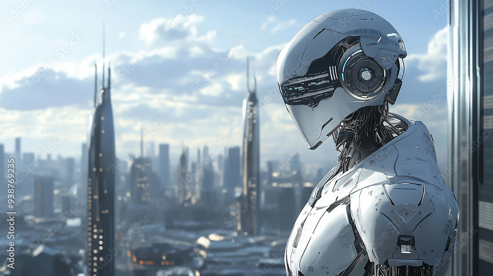A sci-fi inspired metropolis with intelligent robots managing public services and security A sci-fi inspired metropolis with intelligent robots managing public services and security