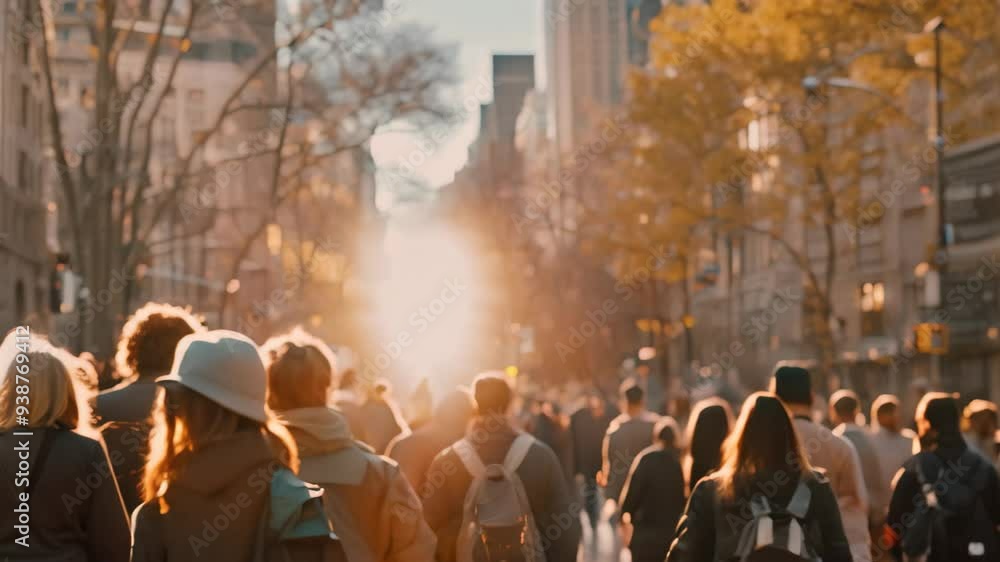 A diverse group of people walk down a busy city street lined with tall ...
