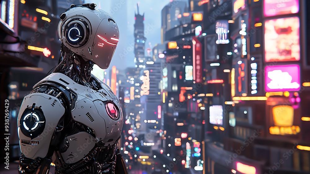 A sci-fi inspired metropolis with intelligent robots managing public services and security A sci-fi inspired metropolis with intelligent robots managing public services and security