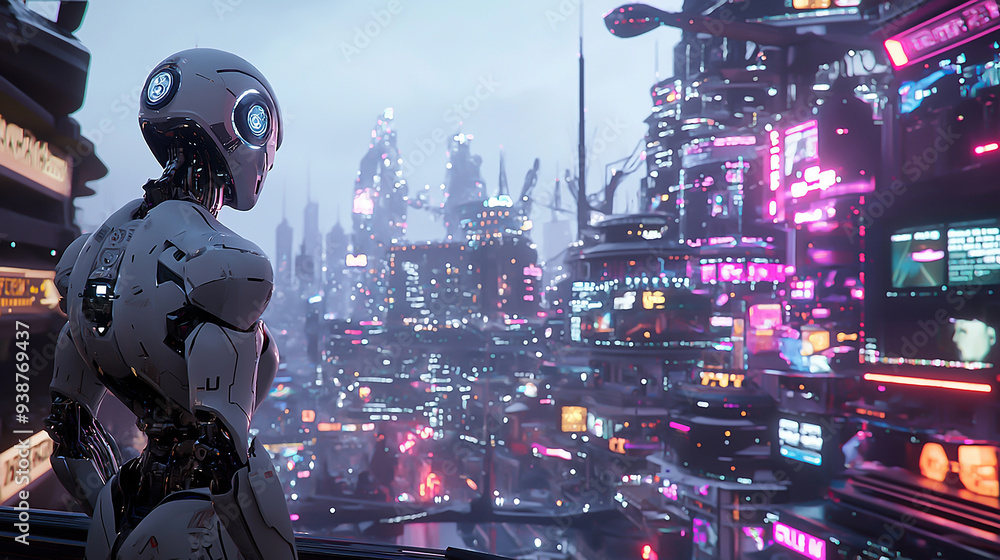 A sci-fi inspired metropolis with intelligent robots managing public services and security A sci-fi inspired metropolis with intelligent robots managing public services and security