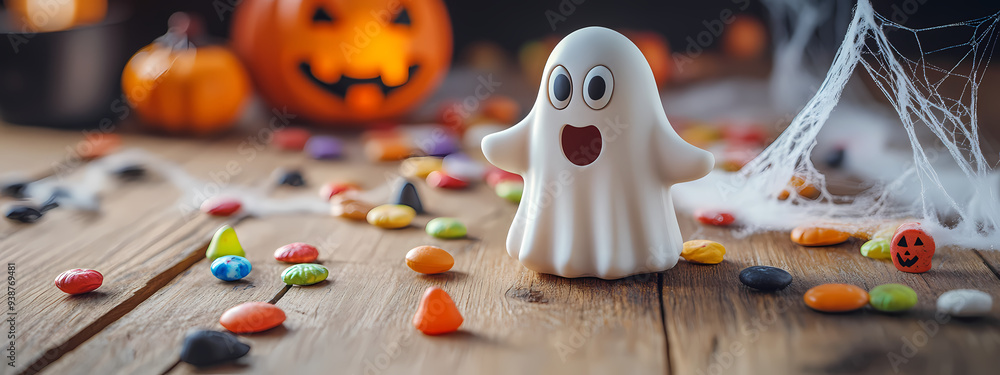 Obraz premium Spooky Ghost Figurine with Halloween Candy