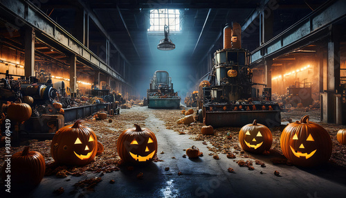 An abandoned toy factory at night, illuminated only by the eerie glow of jack-o'-lanterns