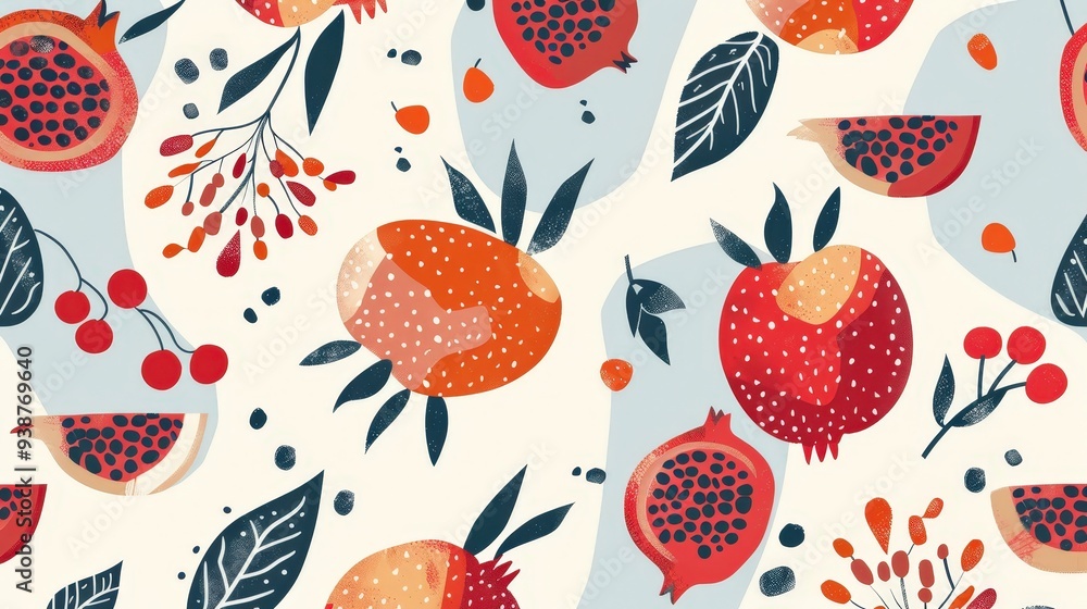 contemporary pomegranate pattern with abstract, geometric representations of pomegranates and seeds contemporary pomegranate pattern with abstract, geometric representations of pomegranates and seeds
