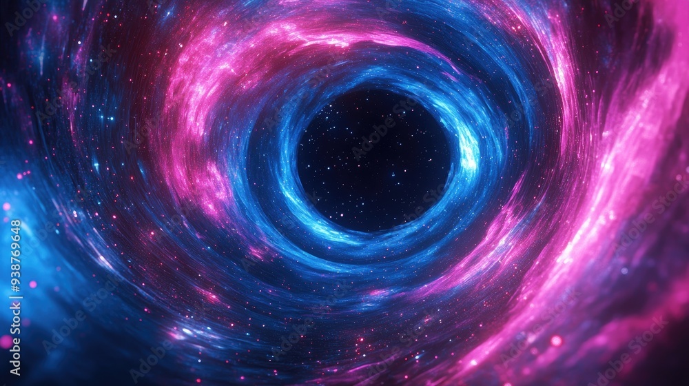 3D render of a cosmic background with swirling pink and blue neon lines, forming a vortex around a black hole, with glowing stars. 3D render of a cosmic background with swirling pink and blue neon lines, forming a vortex around a black hole, with glowing stars.