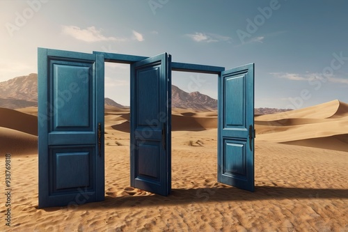 Multiple closed doors in the desert with one open .