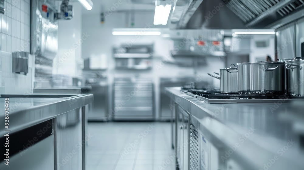A close-up of a clean, sanitized commercial kitchen with food safety certification. A close-up of a clean, sanitized commercial kitchen with food safety certification.