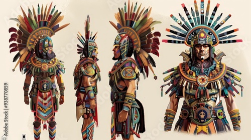 Develop a stylized Aztec warrior design with modern artistic interpretations of traditional armor and headdresses. photo