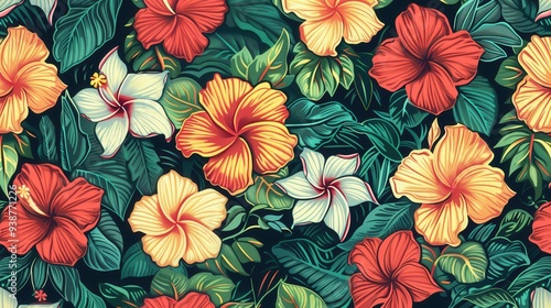 Wallpaper Mural tropical pattern with a focus on tropical flowers like hibiscus and plumeria Torontodigital.ca