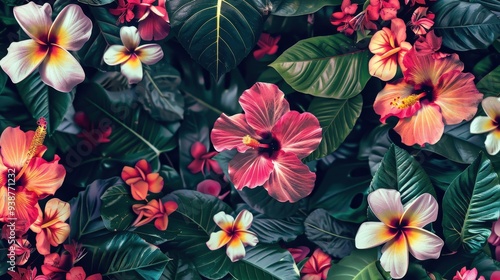 tropical pattern with a focus on tropical flowers like hibiscus and plumeria