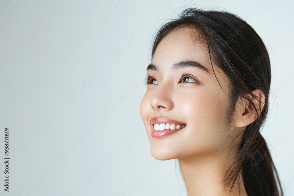 A side view of young beautiful woman smiling and good facial skin with beautiful teeth, for health care wellness concept. A side view of young beautiful woman smiling and good facial skin with beautiful teeth, for health care wellness concept.