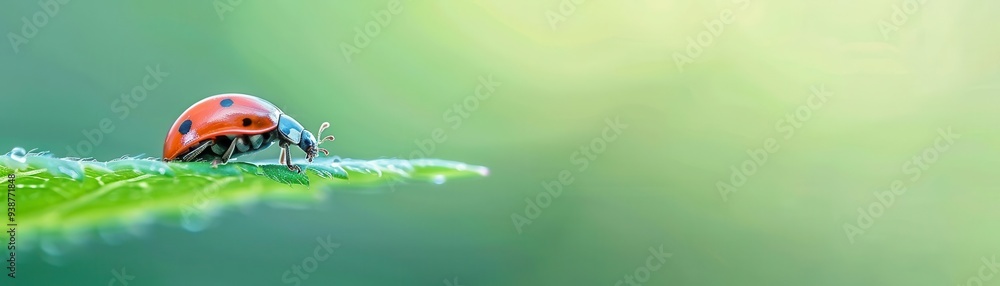 Fototapeta premium Ladybug on a green leaf with a blurred background.