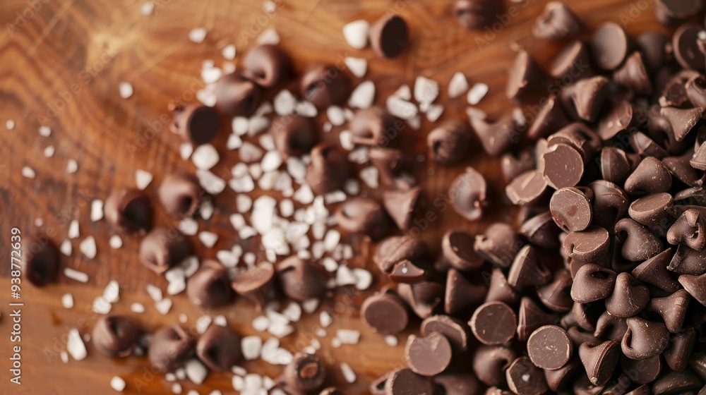 detailed view of chocolate chips scattered on a wooden cutting board. detailed view of chocolate chips scattered on a wooden cutting board.