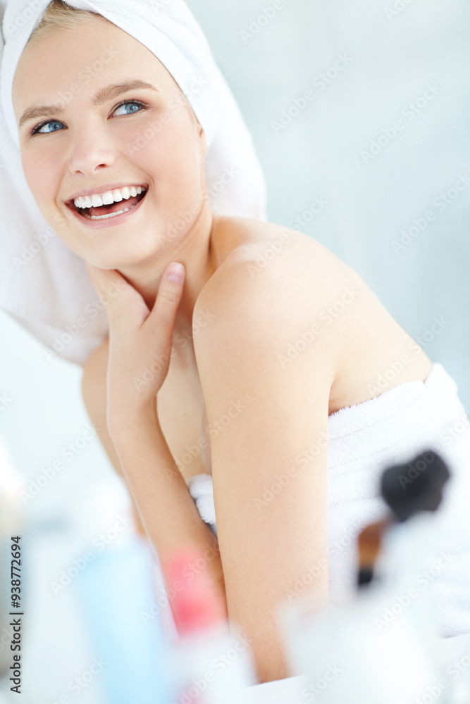 Thinking, happy and woman with skincare in bathroom for cleaning, hygiene and morning routine. Towel, smile and female person with confidence at home for self care, dermatology and satisfaction Thinking, happy and woman with skincare in bathroom for cleaning, hygiene and morning routine. Towel, smile and female person with confidence at home for self care, dermatology and satisfaction