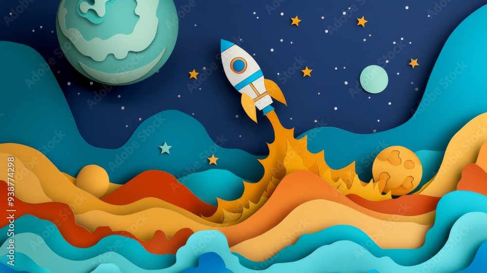 Obraz premium A Colorful and Stunning Rocket Launch in Space Illustrated through Paper Art Design