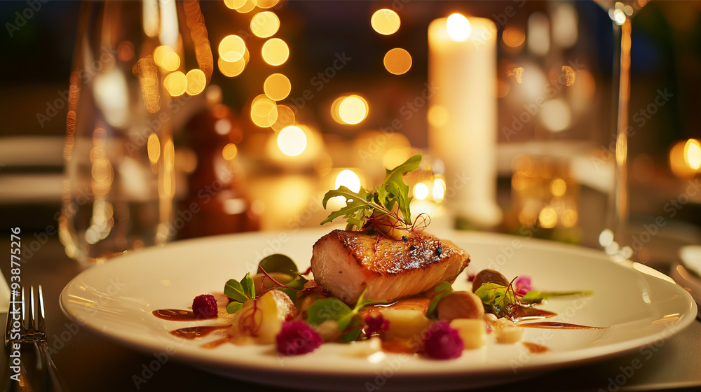 Naklejka premium Artisanal Gourmet Dish with Elegant Presentation in a Fine Dining Setting