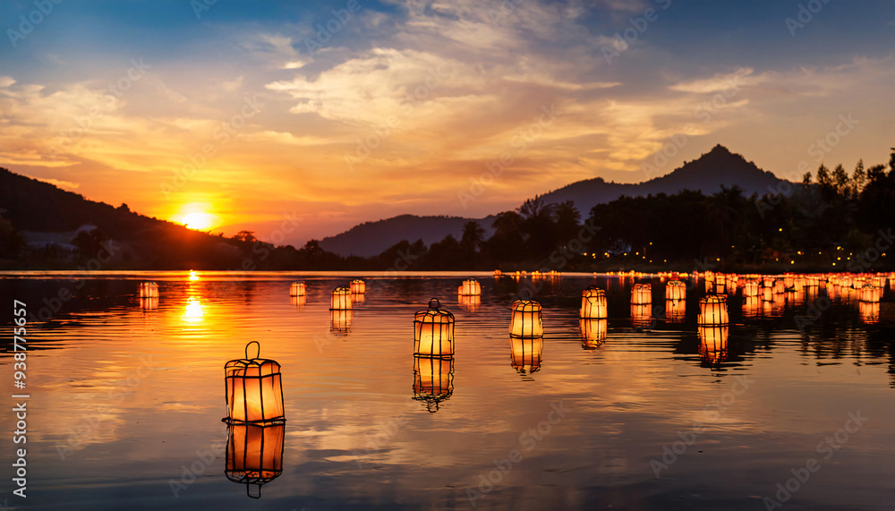 Obraz premium Reflection of sunset on water with floating fire lanterns, creating a serene and reflective mood.
