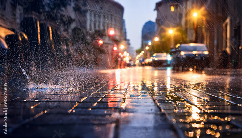 Raindrops falling on a city street, creating dynamic splashes on the pavement, capturing the urban rainy atmosphere.