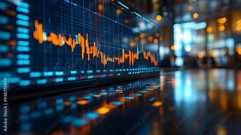 Executives in a strategic meeting, with a blurred stock graph chart behind them, highlighting benchmarking analysis Executives in a strategic meeting, with a blurred stock graph chart behind them, highlighting benchmarking analysis
