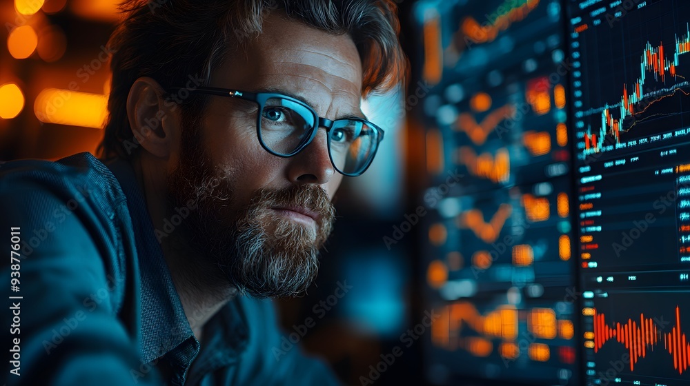 Team of executives analyzing performance metrics, with a softly focused stock graph chart in the background, signifying data-driven evaluation Team of executives analyzing performance metrics, with a softly focused stock graph chart in the background, signifying data-driven evaluation