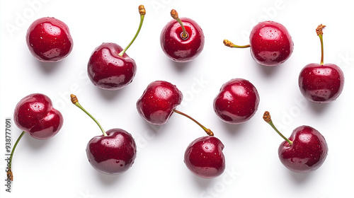 A close-up image of cherries, with their deep red color appearing very fresh and delicious. The contrast of the white background excellently showcases the cherries' hue, sheen, and texture.