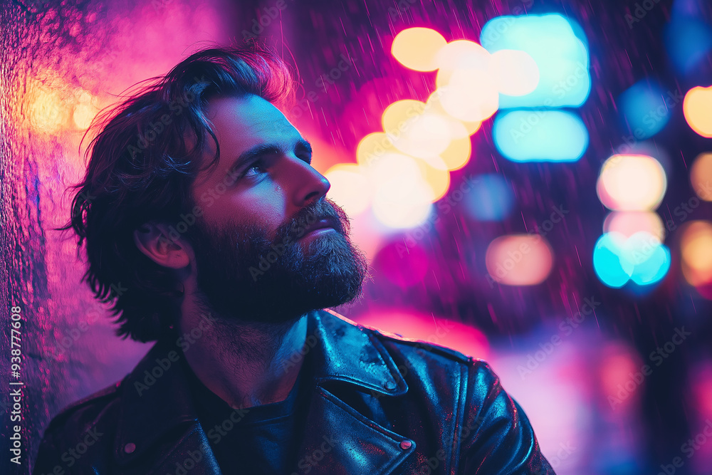 A man with a beard in a leather jacket standing under vibrant neon lights on a rainy night, creating a dramatic, introspective scene. The bokeh background adds depth and color contrast. A man with a beard in a leather jacket standing under vibrant neon lights on a rainy night, creating a dramatic, introspective scene. The bokeh background adds depth and color contrast.