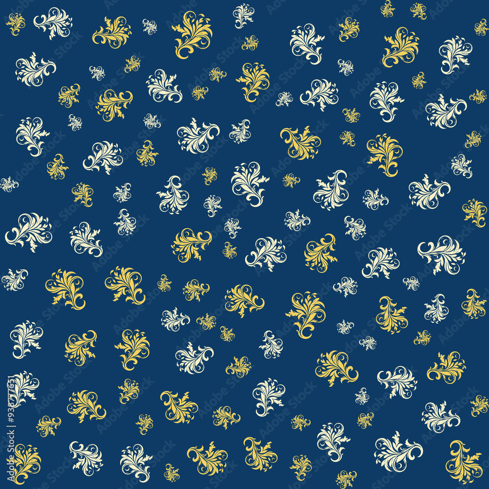 Elegant floral pattern on blue background. Gold and white swirls. Ornate design. Elegant floral pattern on blue background. Gold and white swirls. Ornate design.