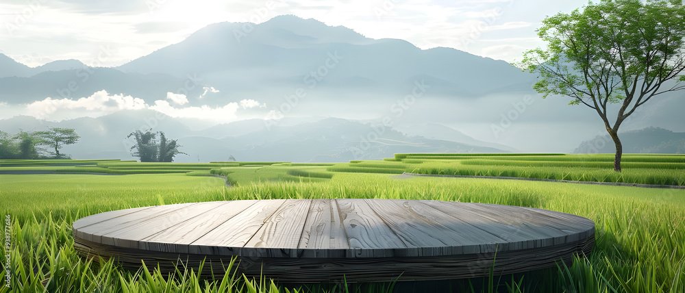 A round wooden platform set in lush green fields with a misty mountain backdrop, creating a serene and tranquil atmosphere. A round wooden platform set in lush green fields with a misty mountain backdrop, creating a serene and tranquil atmosphere.