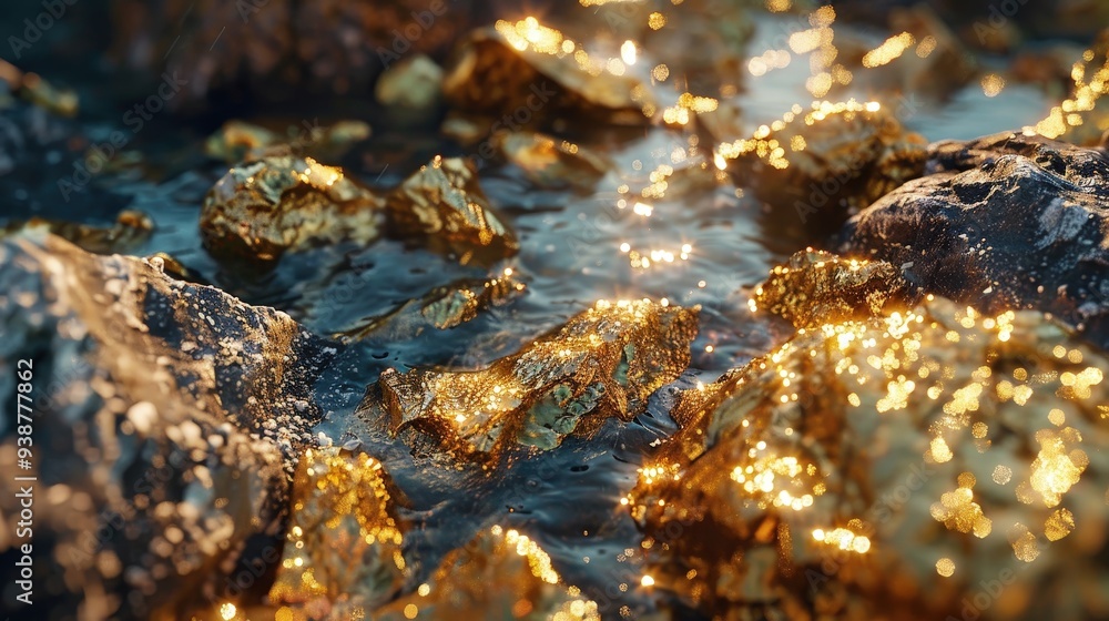 the raw beauty of gold ore with close-up imagery showcasing its distinctive, shimmering flecks embedded in rough rock. the raw beauty of gold ore with close-up imagery showcasing its distinctive, shimmering flecks embedded in rough rock.