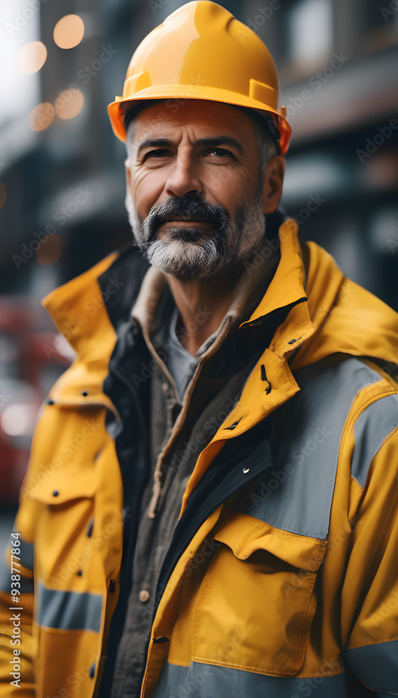A smiling construction worker wearing a yellow hard hat and a safety jacket. He stands confidently in a construction site, showcasing a friendly demeanor. A smiling construction worker wearing a yellow hard hat and a safety jacket. He stands confidently in a construction site, showcasing a friendly demeanor.