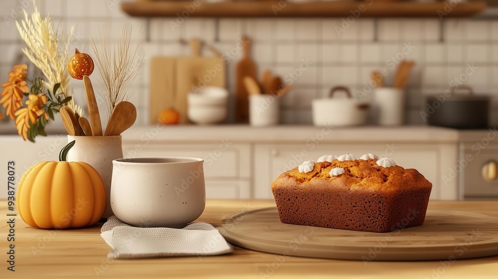 Oldfashioned kitchen with freshly baked pumpkin bread, cozy autumn vibes, 3D illustration Oldfashioned kitchen with freshly baked pumpkin bread, cozy autumn vibes, 3D illustration