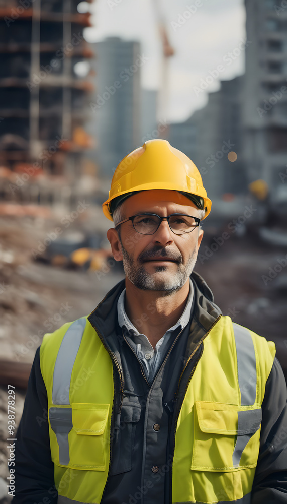 A smiling construction worker wearing a yellow hard hat and a safety jacket. He stands confidently in a construction site, showcasing a friendly demeanor. A smiling construction worker wearing a yellow hard hat and a safety jacket. He stands confidently in a construction site, showcasing a friendly demeanor.