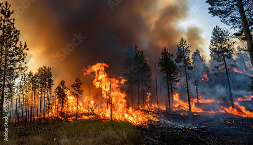 Wildfires raging in a forest, with smoke and flames visible, highlighting the increased frequency and intensity of wildfires as a consequence of global warming.