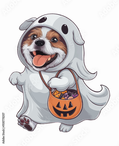 a dog in a ghost costume holding a trick bag