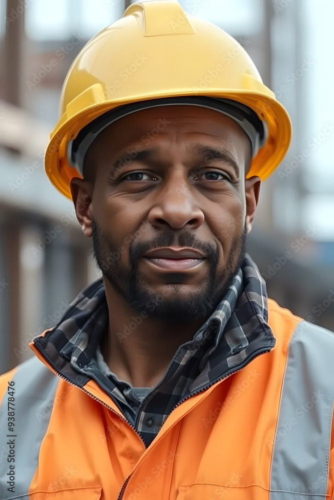 A smiling construction worker wearing a yellow hard hat and a safety jacket. He stands confidently in a construction site, showcasing a friendly demeanor. A smiling construction worker wearing a yellow hard hat and a safety jacket. He stands confidently in a construction site, showcasing a friendly demeanor.