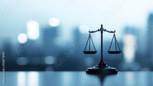 A close-up of a balanced scale symbolizing justice and law, set against a blurred city background, representing legality and fairness.