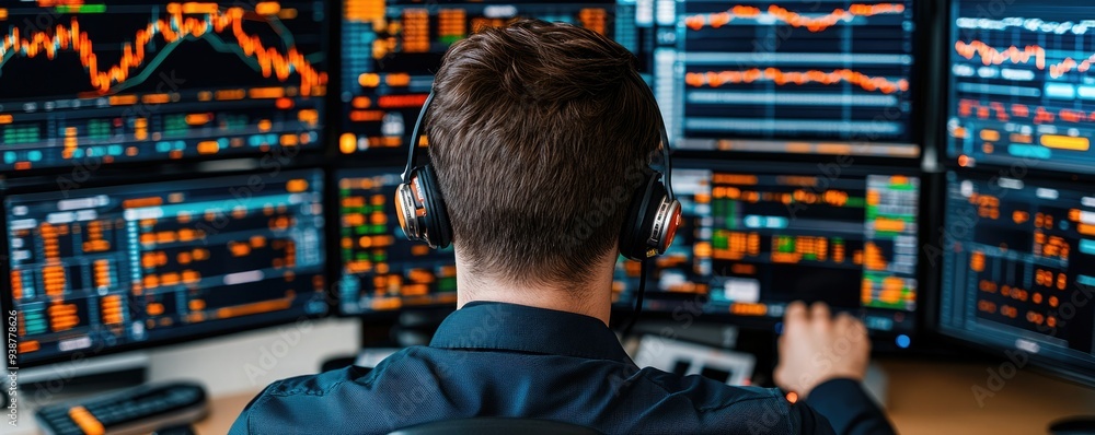 A focused trader analyzing stock data on multiple screens, wearing headphones in a modern trading environment. A focused trader analyzing stock data on multiple screens, wearing headphones in a modern trading environment.
