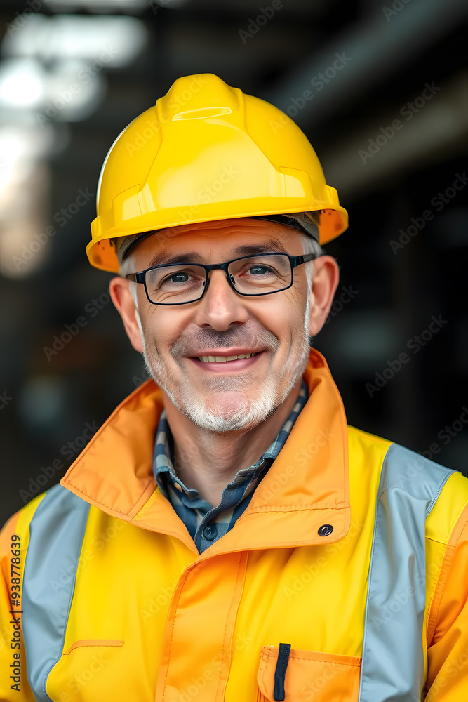 A smiling construction worker wearing a yellow hard hat and a safety jacket. He stands confidently in a construction site, showcasing a friendly demeanor. A smiling construction worker wearing a yellow hard hat and a safety jacket. He stands confidently in a construction site, showcasing a friendly demeanor.