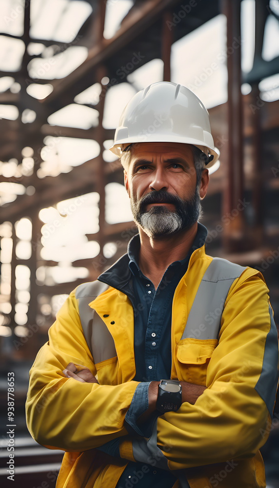 A smiling construction worker wearing a yellow hard hat and a safety jacket. He stands confidently in a construction site, showcasing a friendly demeanor. A smiling construction worker wearing a yellow hard hat and a safety jacket. He stands confidently in a construction site, showcasing a friendly demeanor.