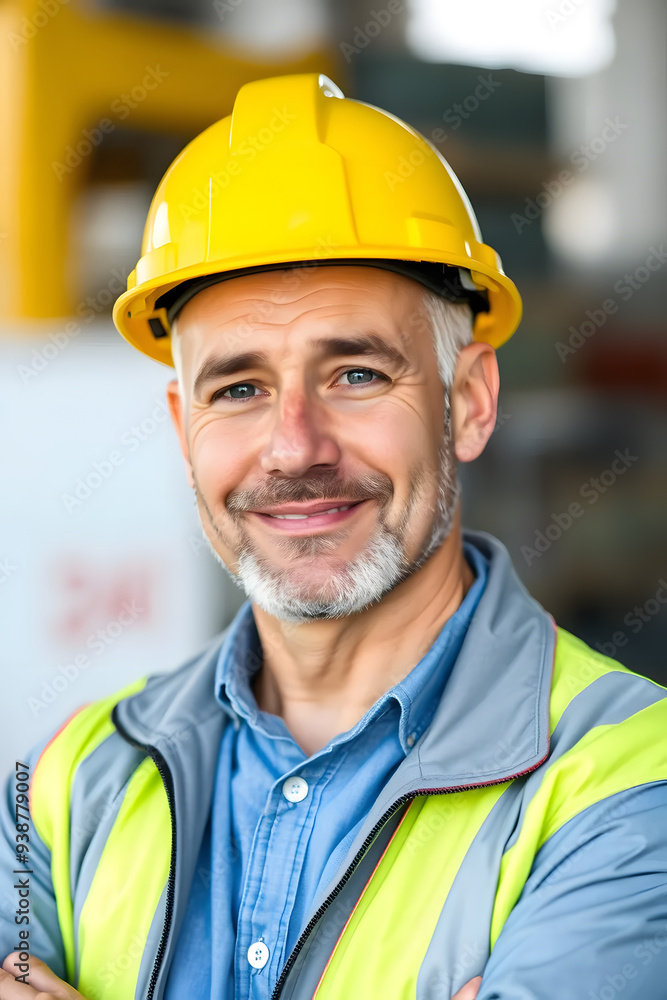 A smiling construction worker wearing a yellow hard hat and a safety jacket. He stands confidently in a construction site, showcasing a friendly demeanor. A smiling construction worker wearing a yellow hard hat and a safety jacket. He stands confidently in a construction site, showcasing a friendly demeanor.