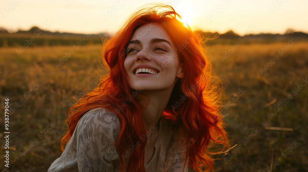 A young woman with bright red hair smiling warmly in a sunlit field during golden hour, creating a natural and joyful atmosphere. A young woman with bright red hair smiling warmly in a sunlit field during golden hour, creating a natural and joyful atmosphere.