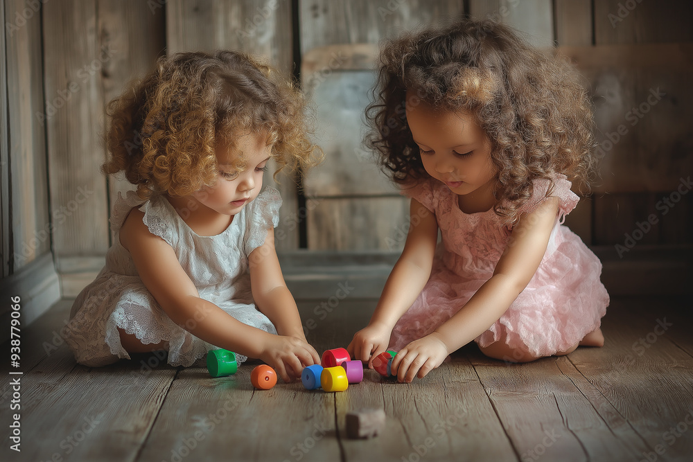 Obraz premium Two little girls with curly hair playing together on a wooden floor, surrounded by colorful toys. The scene is warm and captures the innocence and joy of childhood.