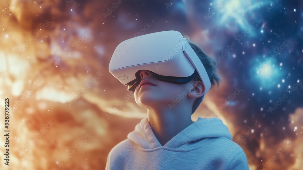 Boy in Sweatshirt Wearing White Virtual Reality Goggles - Entering Magical Game Atmosphere Boy in Sweatshirt Wearing White Virtual Reality Goggles - Entering Magical Game Atmosphere