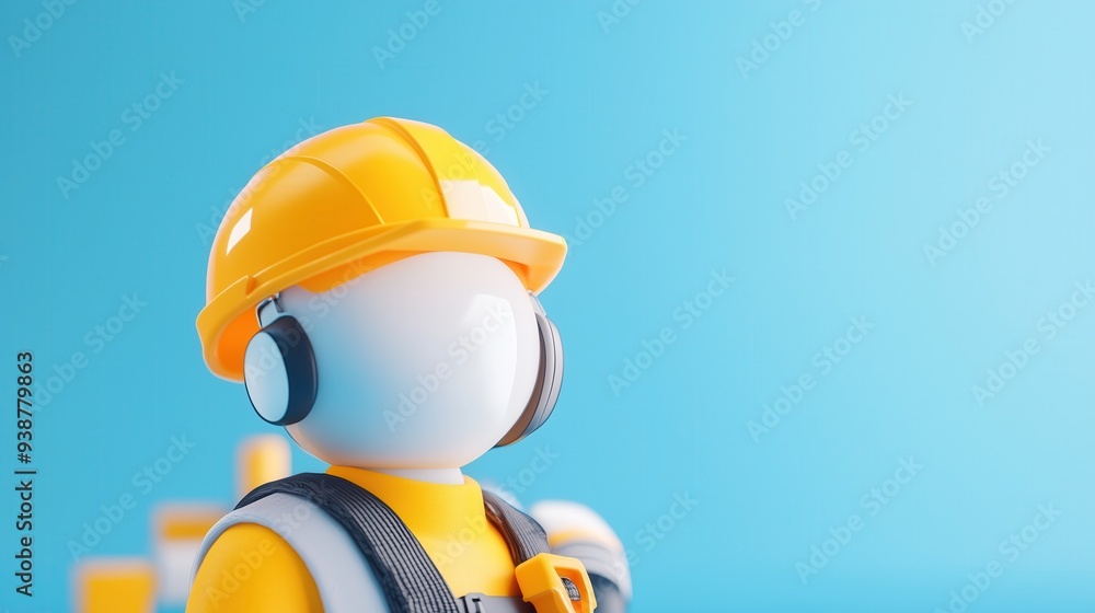 A playful construction worker figurine wearing a yellow hard hat and headphones, ideal for safety or construction themes. A playful construction worker figurine wearing a yellow hard hat and headphones, ideal for safety or construction themes.