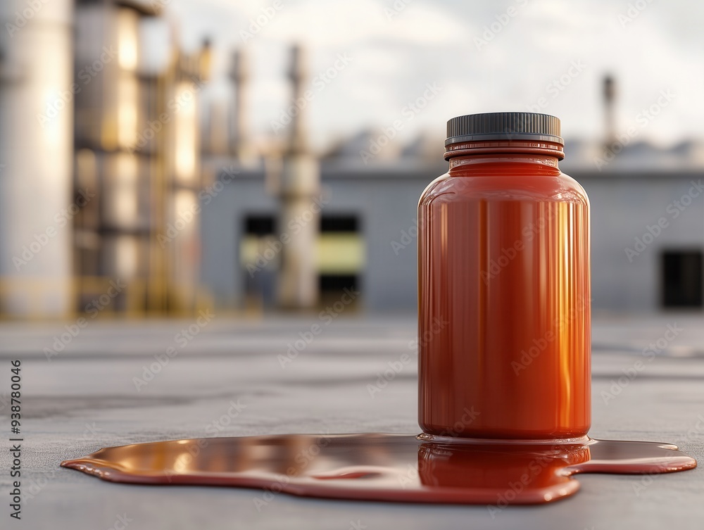 A vibrant jar of red liquid spills on an industrial floor, showcasing color contrast against a blurred factory background. A vibrant jar of red liquid spills on an industrial floor, showcasing color contrast against a blurred factory background.