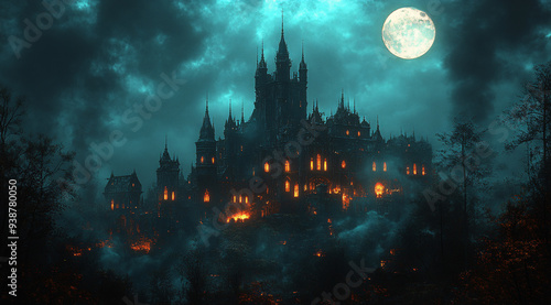 A dark gothic castle illustration with a spooky and mysterious atmosphere. Suitable for Halloween themes and fantasy storytelling. photo