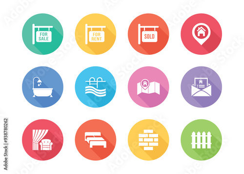 Flat Real Estate Vector Icons on Black Colour