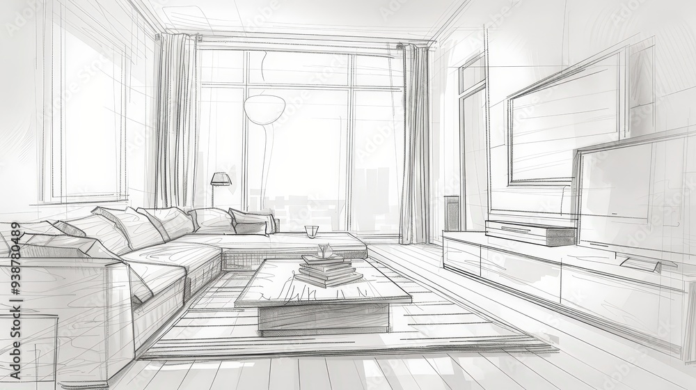 living room sketch with a modular sofa, a minimalist coffee table, and a contemporary rug. living room sketch with a modular sofa, a minimalist coffee table, and a contemporary rug.