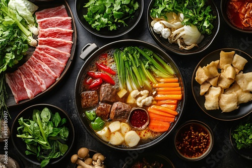 A top-down shot of a hot pot meal, showcasing the simmering broth, fresh veggies, meat slices