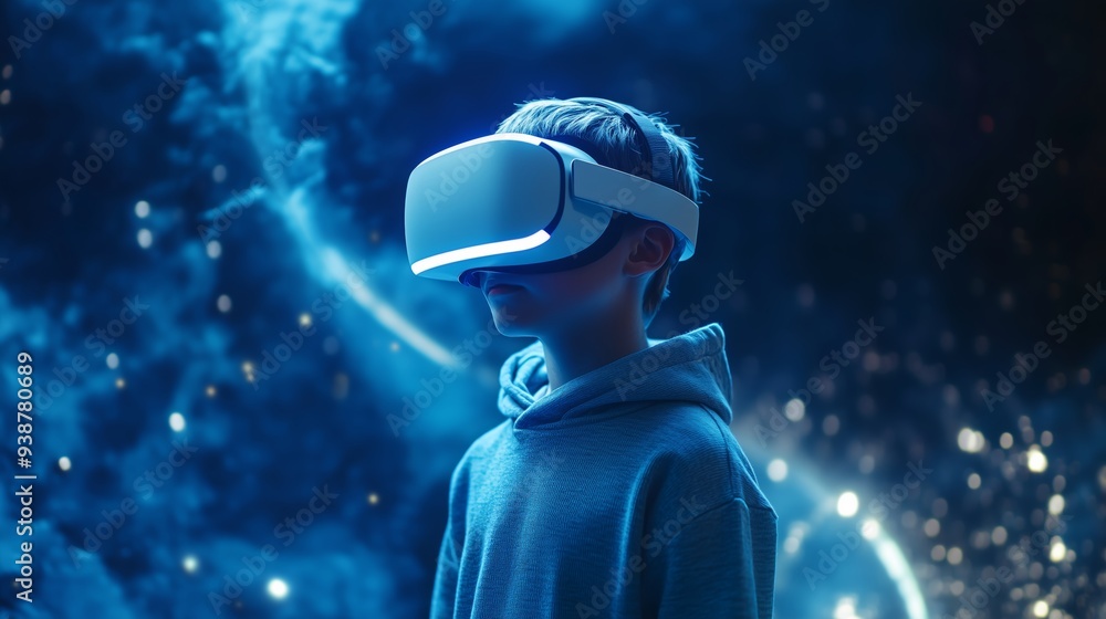 Fototapeta premium Future technology concept child experiencing virtual reality with metaverse space digital adventure gaming futuristic interactive vr goggles magical